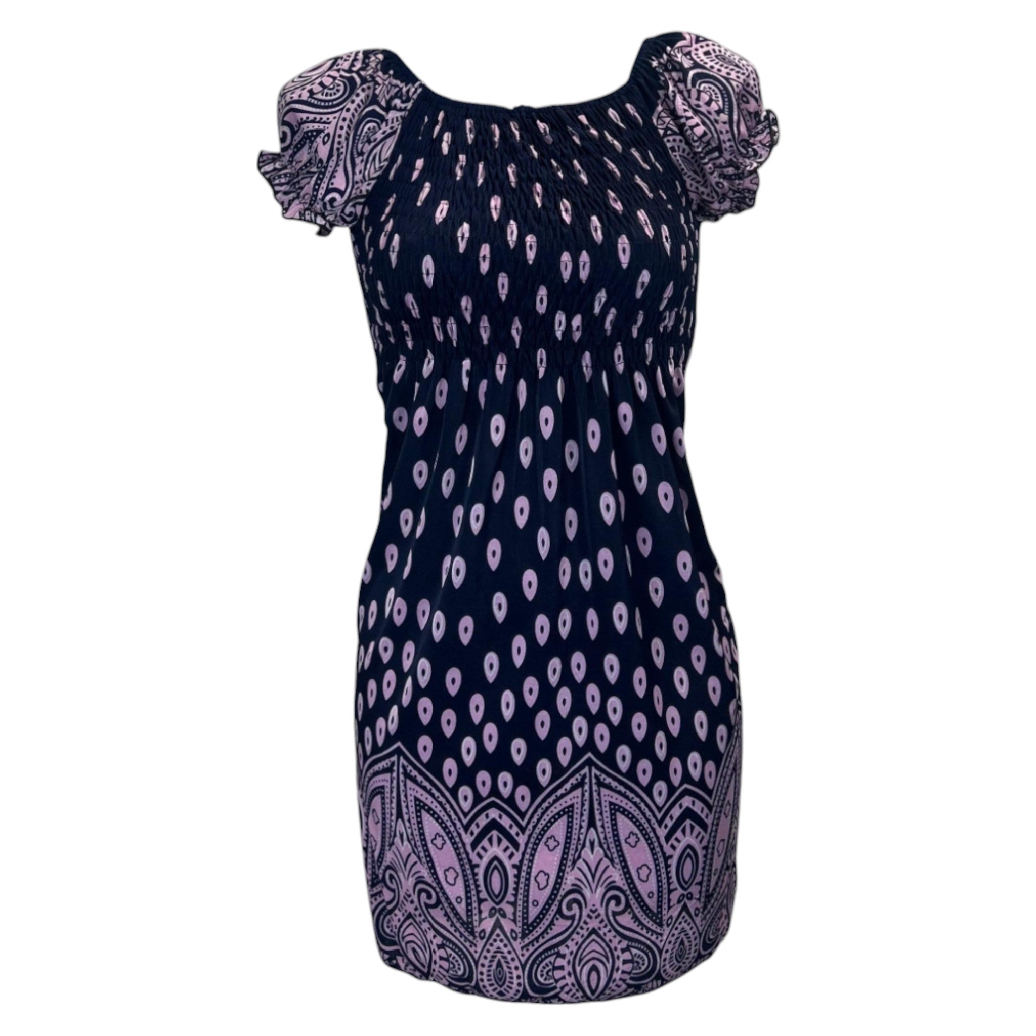 Women's navy and pink tropical print summer dress with flutter sleeves – lightweight casual beachwear outfit